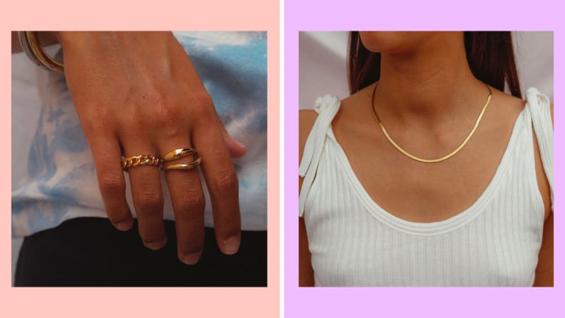 An image of a hand wearing the Marbella Hey Harper ring in gold, and someone's neck as they wear the Nassau necklace in gold.