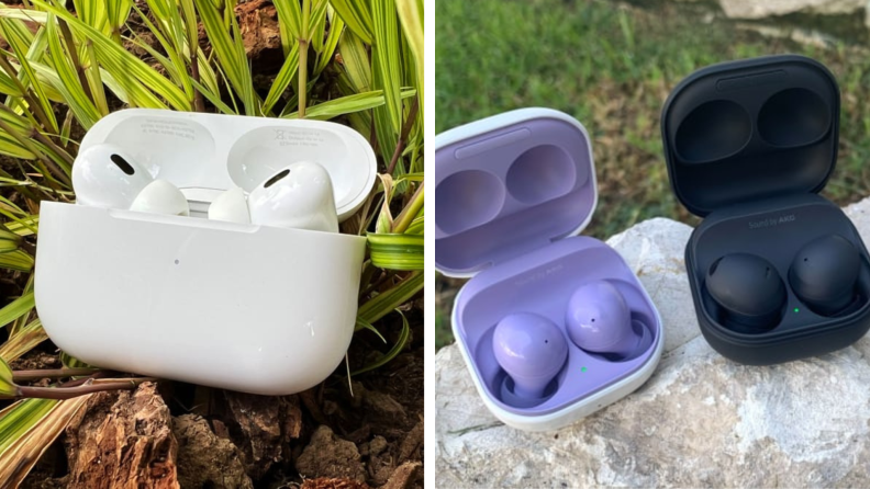 The Apple AirPods Pro 2 in their open charging case on some grass, and the Samsung Galaxy Buds Pro and Galaxy Buds 2 Pro in their open cases sitting on a white rock.