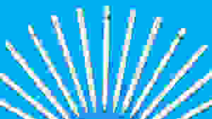 A row of Apple Pencils on a blue background.