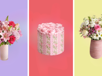 Three flower arrangements are displayed side by side against colorful backdrops: a pink and red bouquet in a white vase, a round floral gift box with pink roses, and a pastel bouquet in a pink vase.