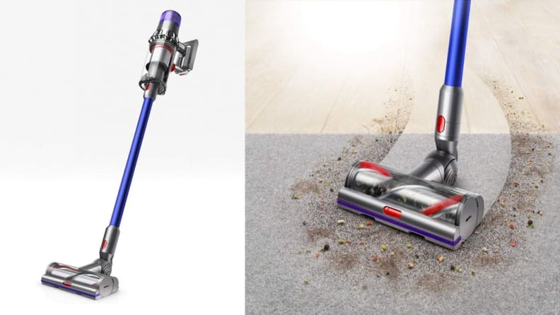 Left: Dyson Vacuum Cleaner on white background, right: dyson vacuum graphic picking up dirt.