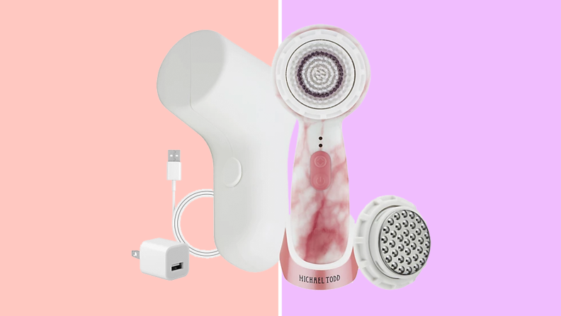 An image of a rose marble pattern antimicrobial cleansing brush next to its charger and carrying case, both in white.