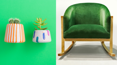 Two succulents in planters on a green background; a green velvet rocking chair on a white background