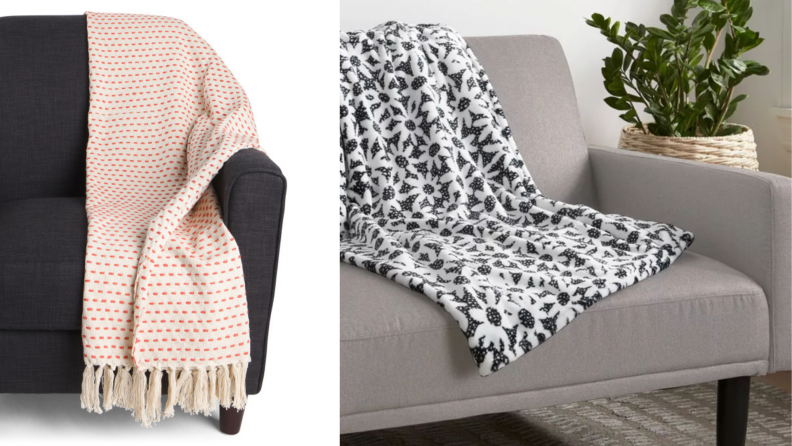 On the left, a black couch with white and red blanket. On the right, a grey couch with a black and white daisy print blanket.