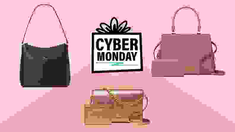 Collage of Kate Spade purses with the text "Cyber Monday" in the middle