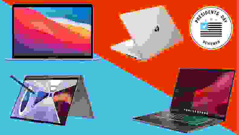 A collection of different laptops with the Presidents Day Reviewed badge in front of a colored background.