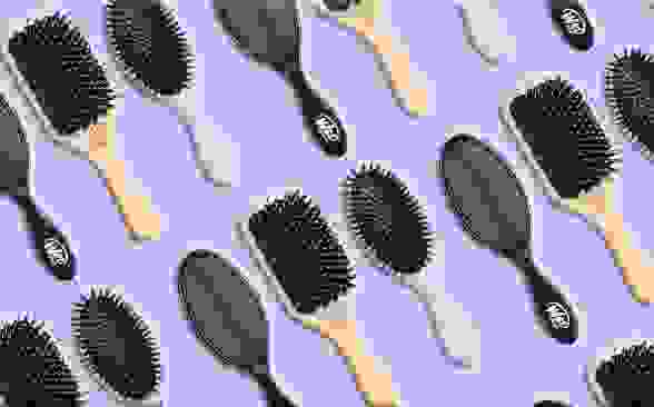 Three of the best hair brushes from Briogeo, Wet Brush, and Urtheone against a purple background.