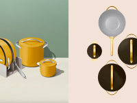 Yellow, black, and grey colored Caraway cookware sets side-by-side.