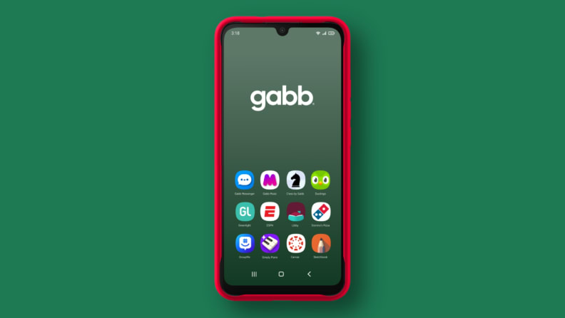 Gabb phone 4 pro in red case on green background