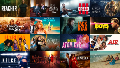 An image containing lead images for sixteen Prime Video series, including 'Reacher,' 'Red, White, and Royal Blue,' 'Creed III,' 'Rings of Power,' Wheel of Time,' and more.