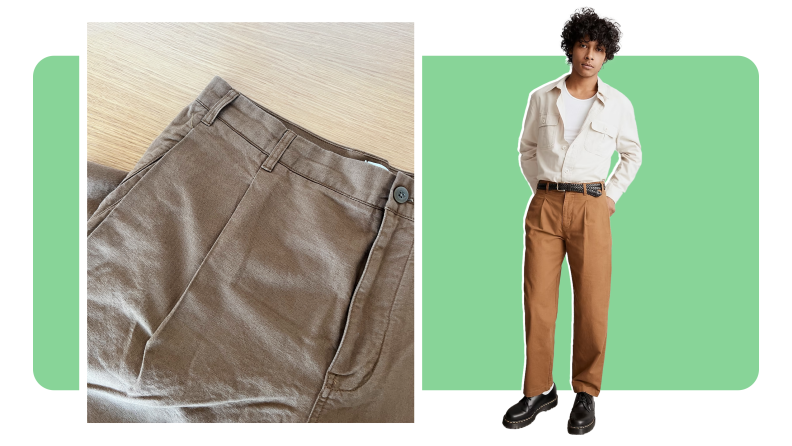 On the left is a close-up of the pleating on a pair of khaki’s, and on the right is an image of a model wearing the chinos.