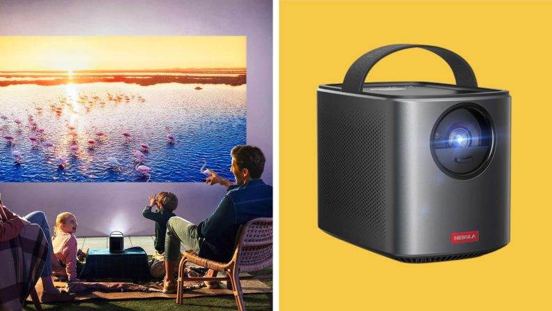 On the left, a family looking at a picture of a lake using the Nebula Portable Projector. On the right is a Nebula Portable Project on a yellow background.