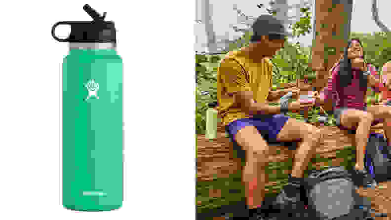 A Hydro Flask and a man and woman in the woods with Hydro Flasks, among the best 30th birthday gift ideas.