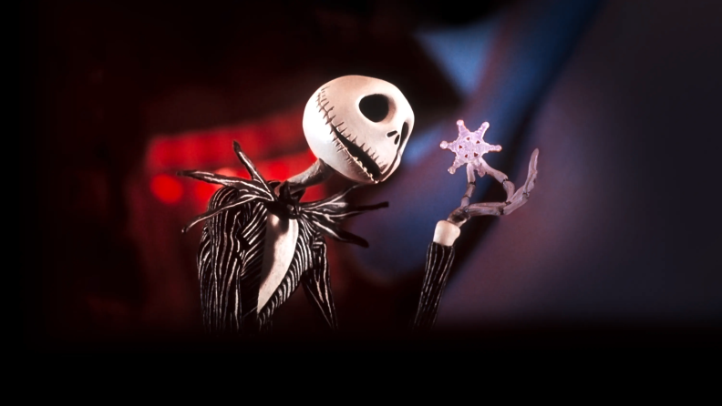 Jack Skellington, voiced by Danny Elfman when singing and Chris Sarandon when talking, admires a solitary star-shaped snowflake in 1993's The Nighmare Before Christmas.