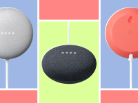 The front and back of the Google Home Mini smart speaker displayed on colorful backgrounds