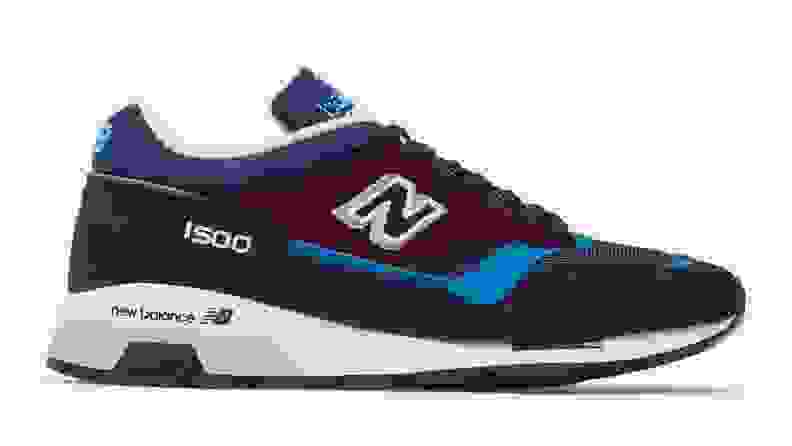 A pair of colorful New Balance Made in England 1500 sneakers.