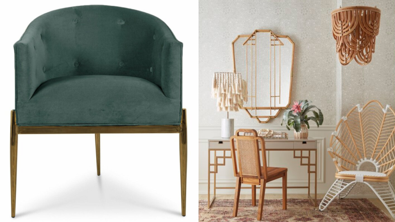 (left) A green and gold arm chair against a white background. (Right) An Art Deco vanity, chair, mirror and chandelier in a white sitting room.