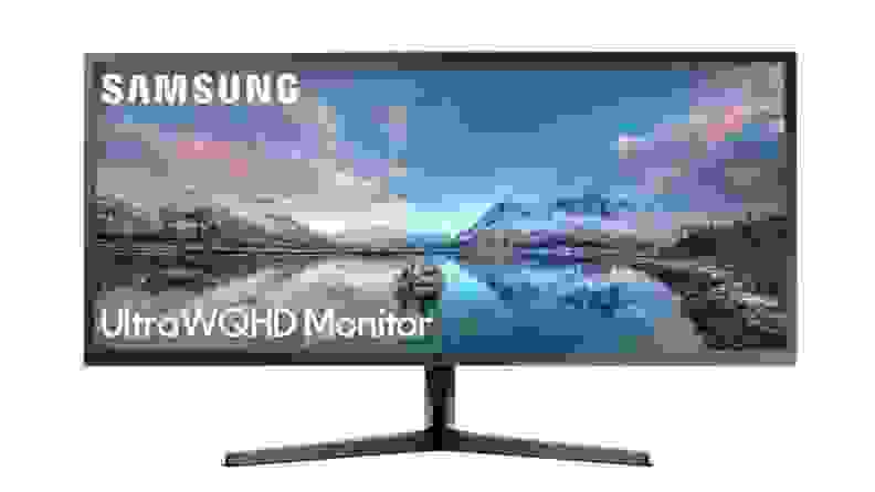Computer monitor in front of white background.