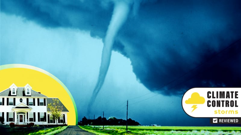 A white-colored home in front of a yellow, circular background opposite a large tornado