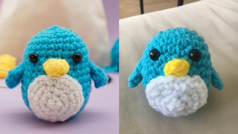 Left: A crocheted penguin from the Woobles; right: My less-than-perfect attempt at crocheting the same penguin
