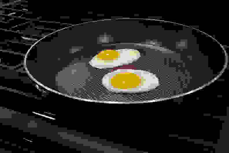 Eggs in pan on rangetop