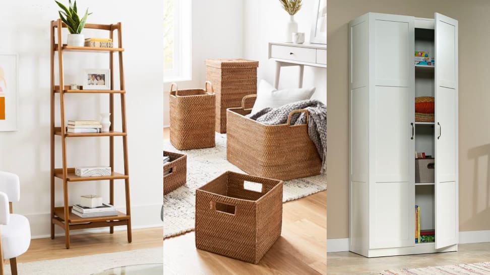 A midcentury modern bookcase, stacks of woven baskets, and a white cabinet.