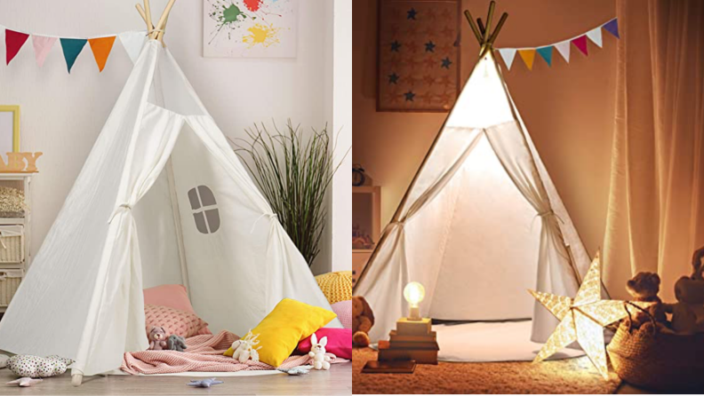 A beautiful teepee that comes with a hanging LED light and a floor mat.
