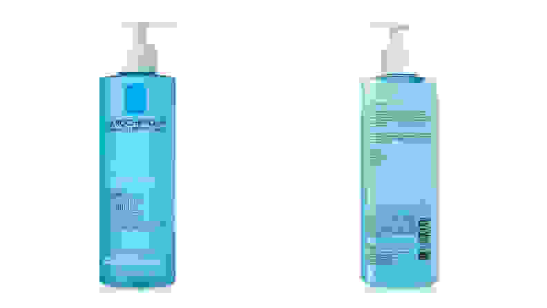 On the left: the clear La Roche-Posay Toleriane Purifying Foaming Cleanser bottle reveals a bright blue formula and stands on a white background. On the right: The back of the La Roche-Posay Toleriane Purifying Foaming Cleanser stands against a white background.