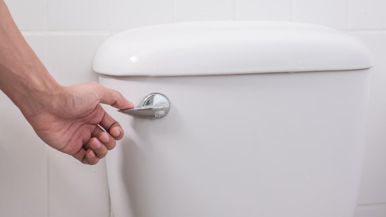A person flushes a toilet.