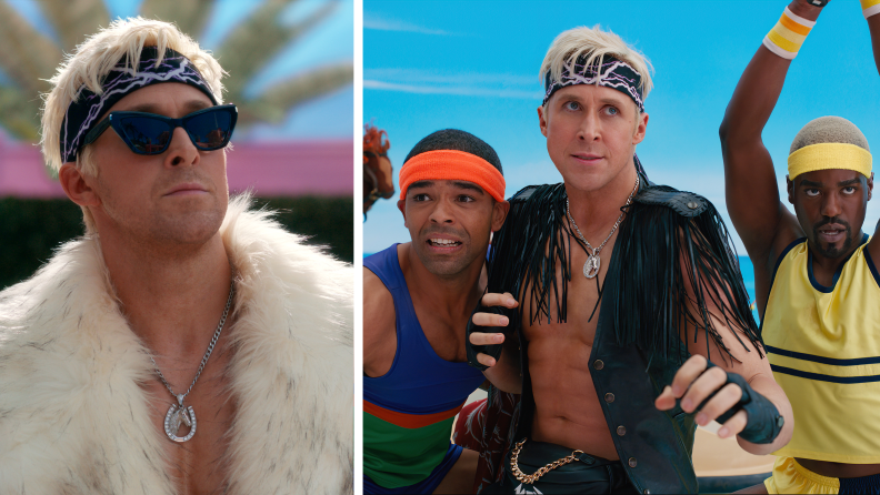 Film stills of Ryan Gosling as Ken in ‘Barbie.’ On the left, is Gosling wearing a white fur coat, a headband, and sunglasses; on the right is Gosling wearing a fringe leather vest, surrounded by other Ken’s.