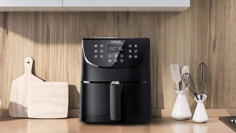 black air fryer on kitchen counter