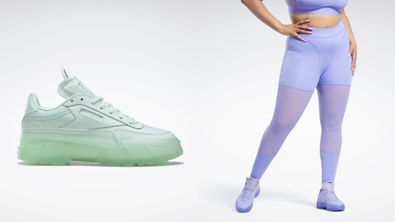 green Reebok club C shoes, woman wearing lilac tights