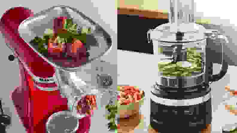 A KitchenAid food processer grinds down fruit and vegetables.