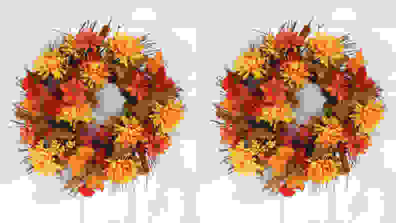 Dress up your front door for the fall season with this faux flower wreath.