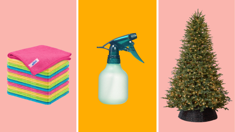 Microfiber cloths, spray bottle, and an artificial christmas tree against a pink and orange background.
