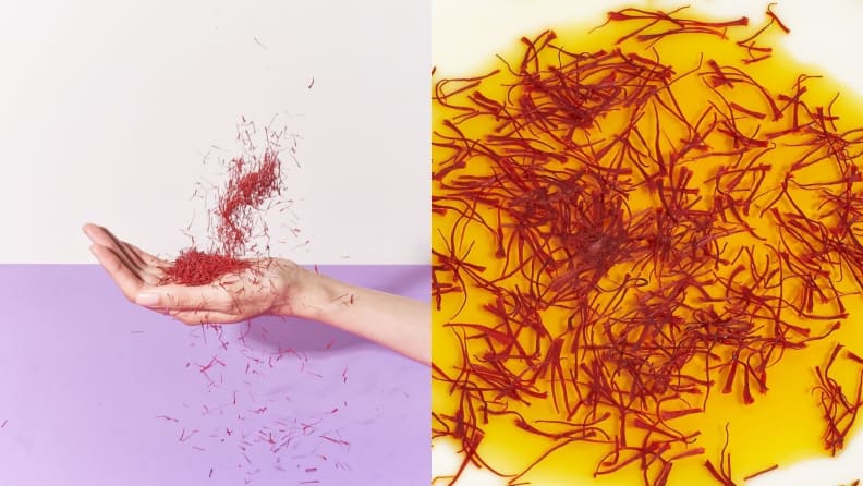 Left: A person throws a handful of saffron into the air against a wall that's half white and half purple. Right: A close-up image of saffron threads in oil.