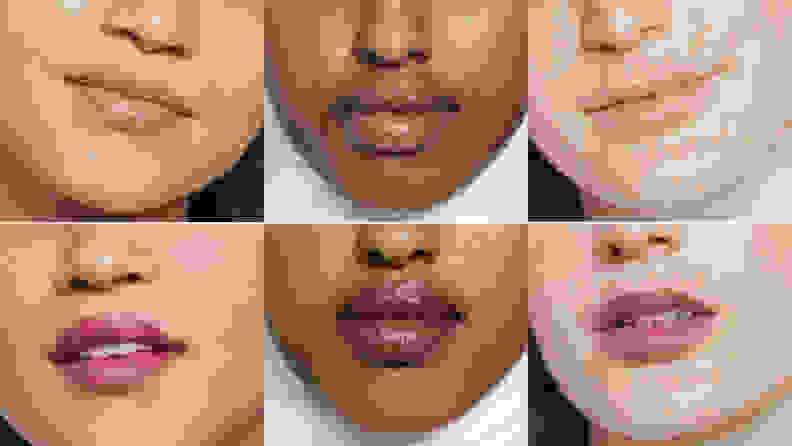 Three women of different skin tones wearing without the Clinique lipstick (top row) and then wearing the lipstick (bottom row).
