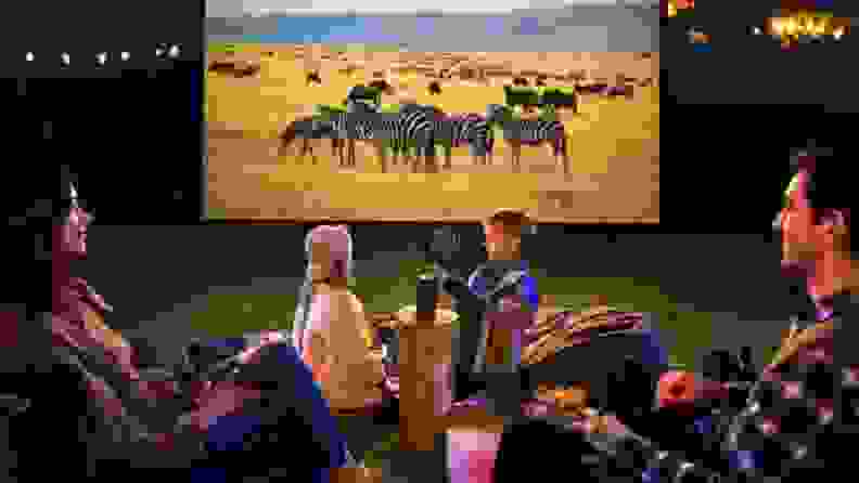 A family sits outdoors at nighttime, entertained by a large projector screen showing footage of zebras and other African wildlife.