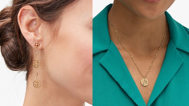 On right, gold earring dangling from person's ear. On right, person wearing gold necklace.
