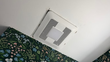 An exhaust fan on a ceiling next to a green floral wall