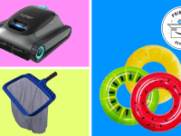 A colorful collage with floaties, a pool cleaner, and more next to a Prime Day badge.