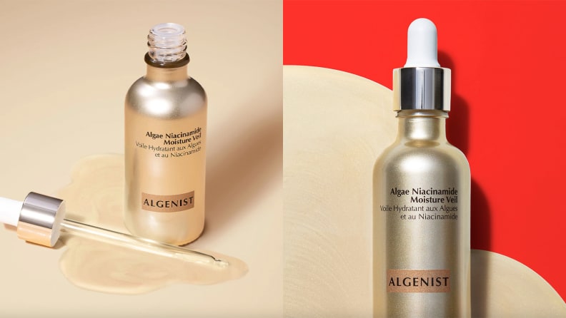 On the left: The gold Algenist Algae Niacinamide Moisture Veil bottle stands on a cream background with the dropper off to the side and a swatch of the gold liquid spilling out of it. On the right: The gold Algenist Algae Niacinamide Moisture Veil on a red background with a giant swatch of the gold liquid behind the bottle.