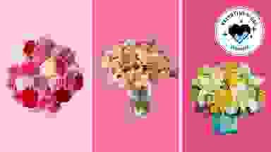 Three flower bouquets with the Valentine's Day Reviewed badge in front of colored backgrounds.