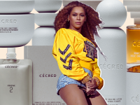 Collage of Beyonce in the middle surrounded by products from her haircare brand Cecred