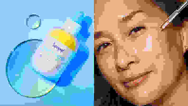 On the left: A round bottle of oil laying in a pool of liquid. On the right: A closeup on a person holding an oil dropper to their cheek.