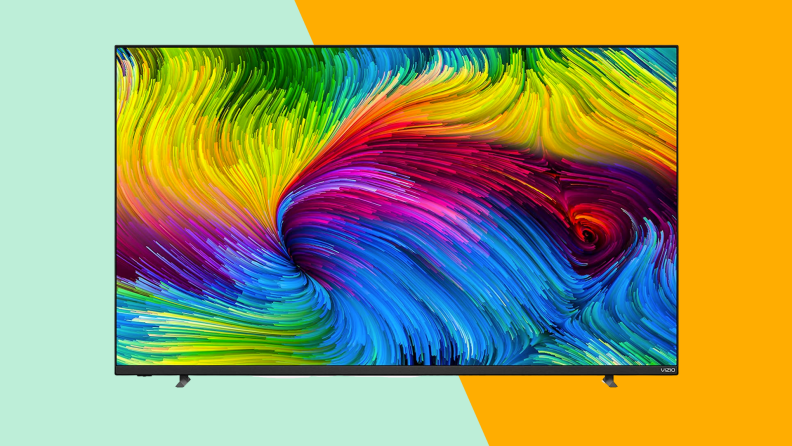 A Vizio TV showing a colorful swirl image against a mint green/gold background.