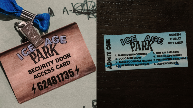 An Escape the Crate "Ice Age Park" game tickets as clues.