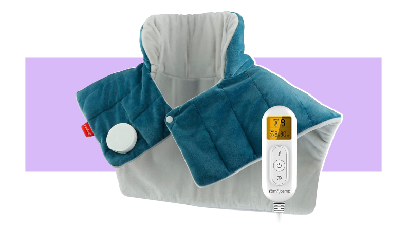 Blue shoulder heating pad with remote.