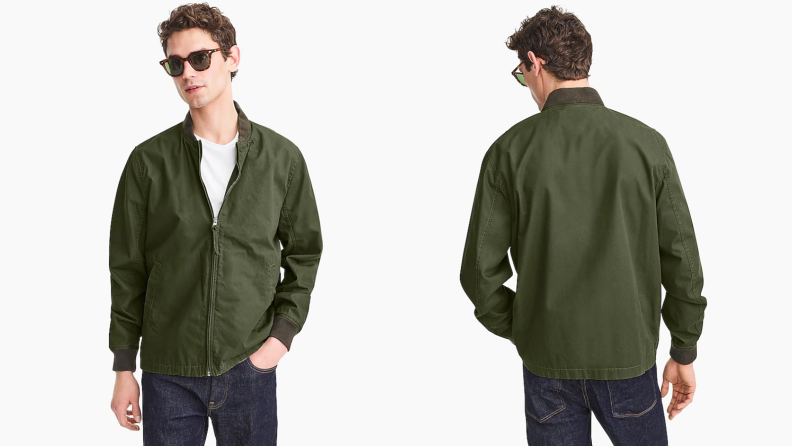 Man wearing sunglasses, white T-shirt, and green bomber jacket from J.Crew.