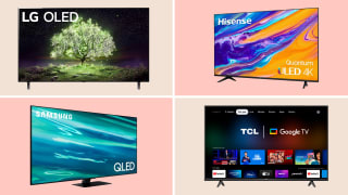 A grid of four TVs with alternating grey and pink backgrounds. An LG OLED is in the top left, a Hisense LED in the top right, a TCL in the bottom right, and a Samsung QLED in the bottom left.